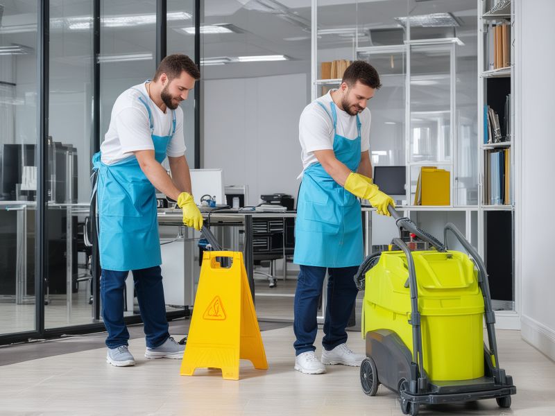 Professional cleaning team with equipment in modern office environment