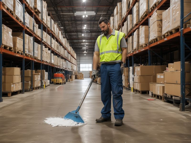 Industrial warehouse cleaning with heavy-duty equipment and professional staff